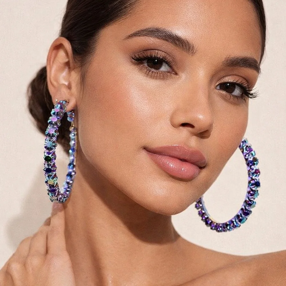 Bijoux Bar Iridescent Crystal Rhinestone Hoop Earrings Statement Sparkly Glam